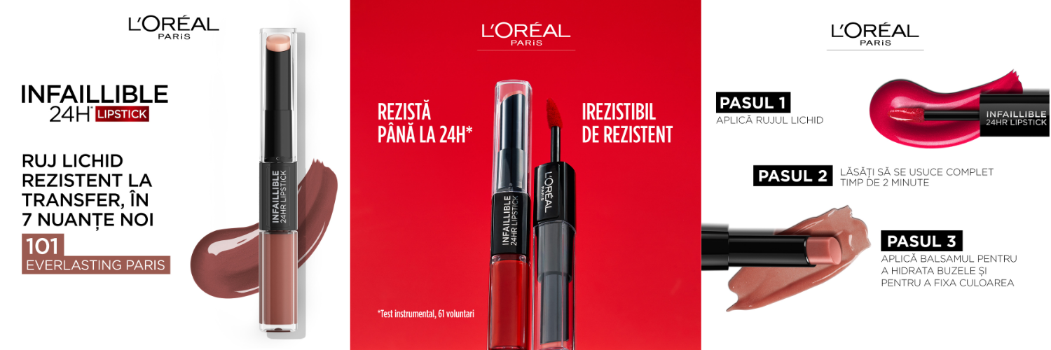 ruj l'oreal infallible 24h - culoare intensa, nu usuca buzele, imbogatit cu gel hialuronic